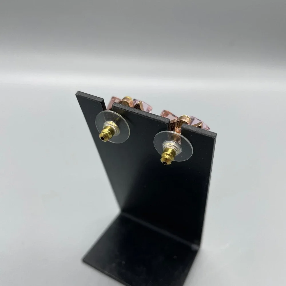 Rose Gold Tone Pink Crystal Cluster Stud Earrings Geometric Rhinestone Accents